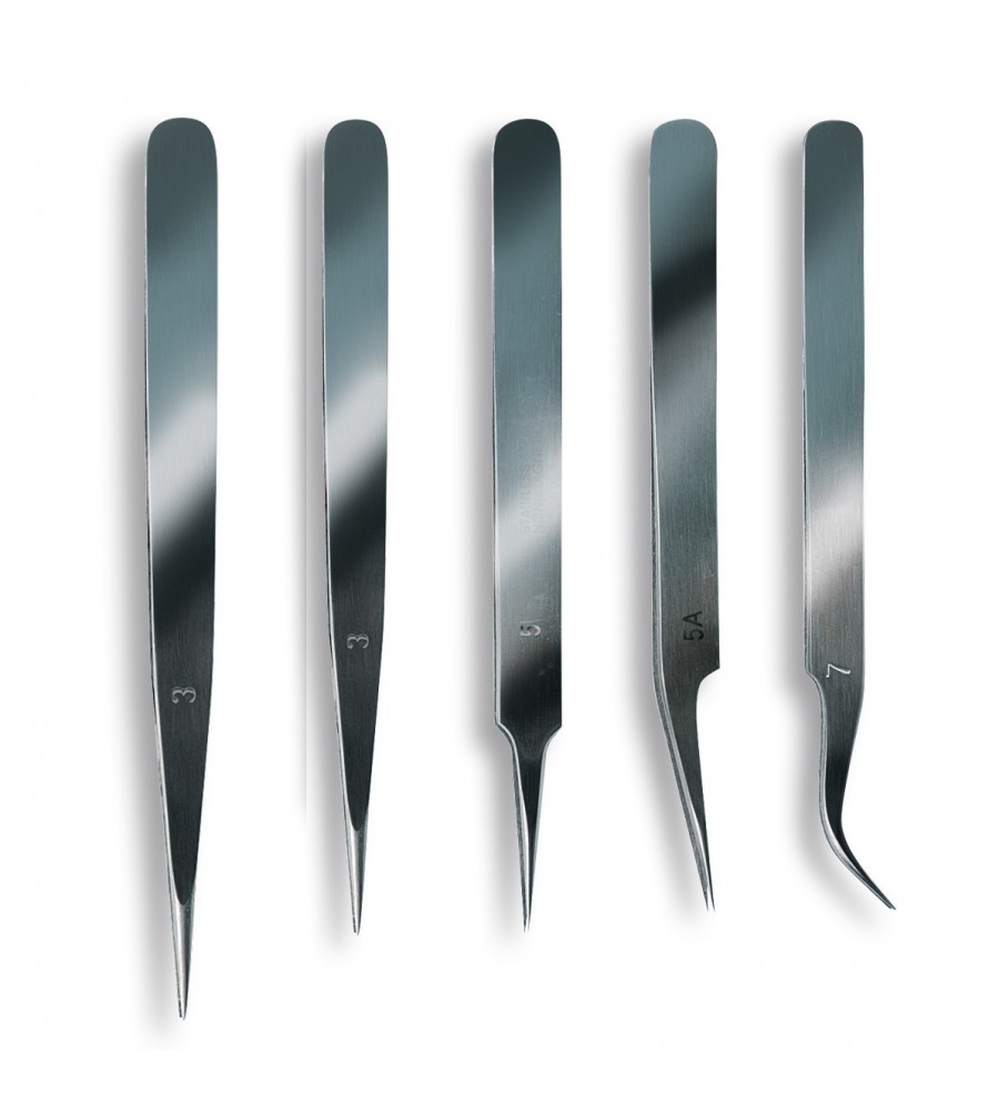Set of 5 stainless steel tweezers with fine point