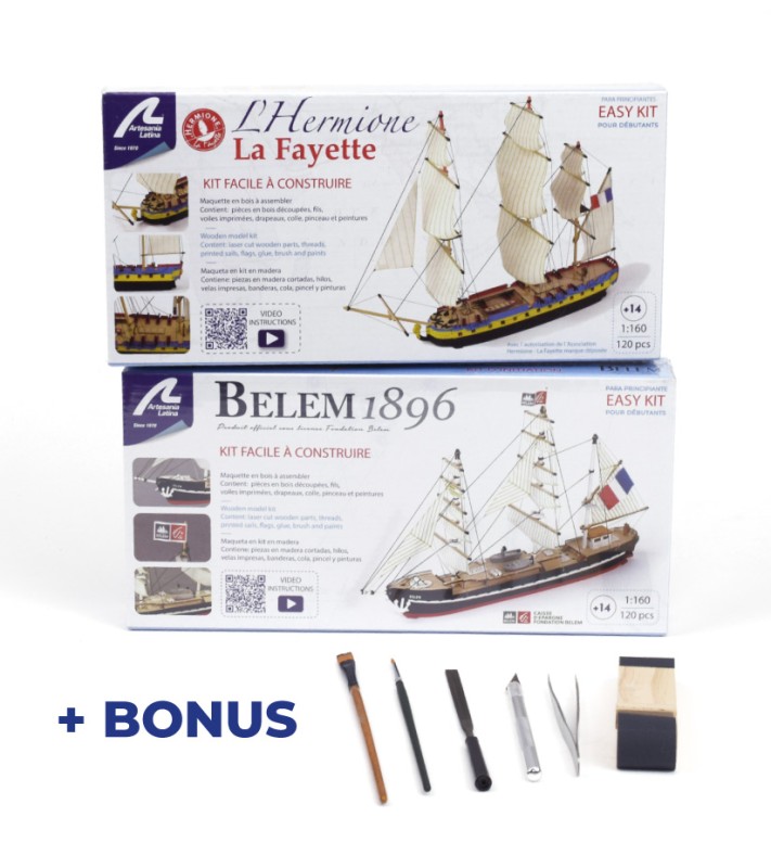 Easy Kits Ships Hermione La Fayette et Belem. Zestaw upominkowy z łatwymi do zbudowania modelami i narzędziami
