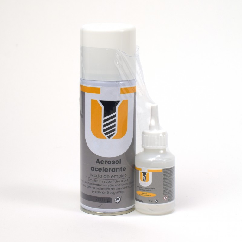 Accesorios Modelismo. Pack Cianocrilato Denso 50 gr y Acelerador Spray.