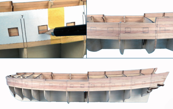 In this image, how to cover model ship hull from a naval modeling kit.
