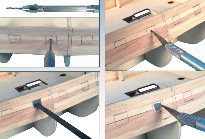 In this image, how to cover model ship hull from a naval modeling kit.