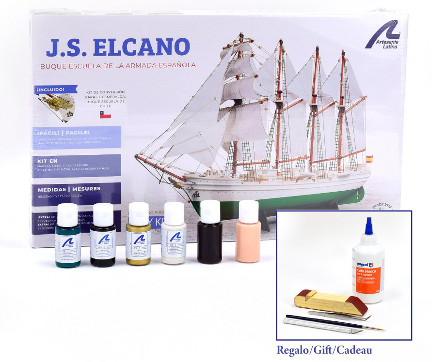 Pack Cadeau Juan Sebastián Elcano : Maquette de bateau, peintures et outils (22260-L) d'Artesanía Latina.