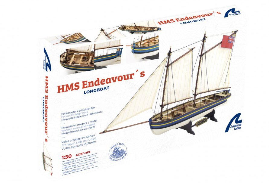 Maqueta Lancha HMS Endeavour a escala 1/50 (19005). Renovado kit de modelismo de 2022 hecho en madera.