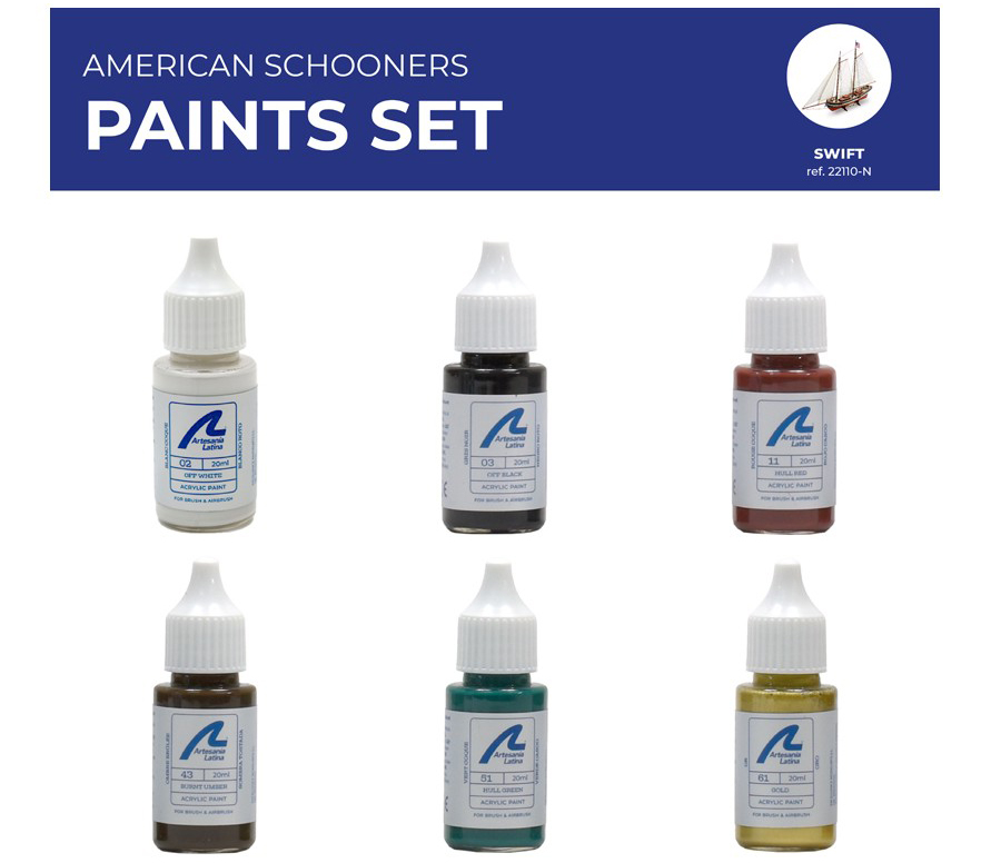 Set of Acrylic Water-Based Paints for American Schooners like Swift 1805 Pilot Boat (277PACK9).