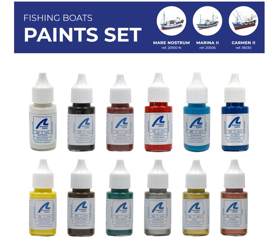 Set of Paints for Fishing Boat Model Mare Nostrum (277PACK3) by Artesania Latina.