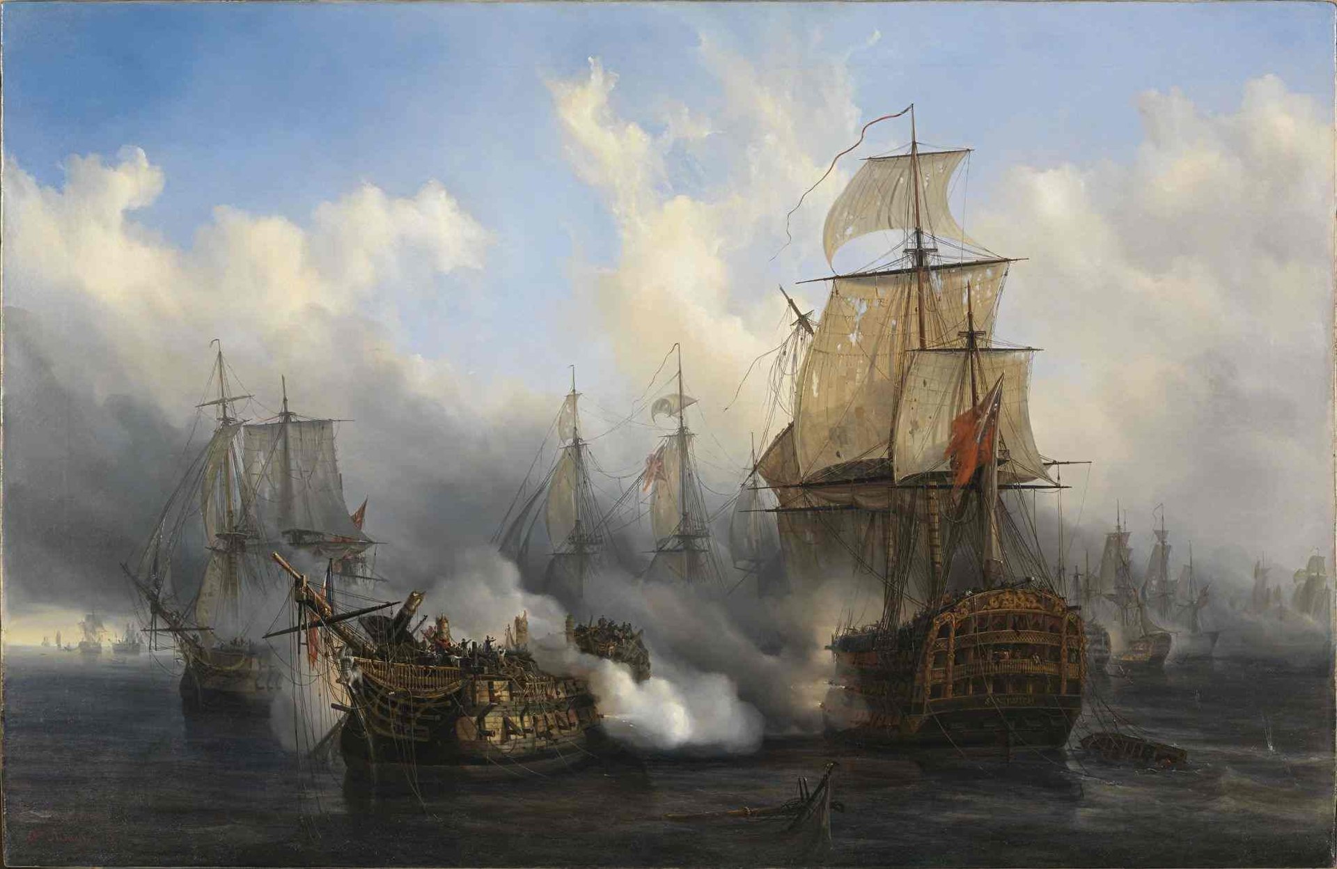 Bucentaure subissant les tirs ennemis du HMS Sandwich à Trafalgar. Huile d'Auguste Mayer de 1836.