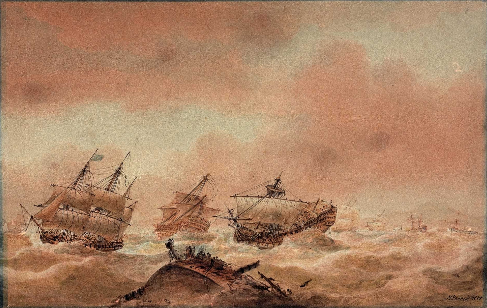 Santa Ana en Trafalgar. Tras la batalla, el HMS Victory abre camino y el Euryalus remolca a HMS Sovereign. Pintura de Nicholas Pocock.
