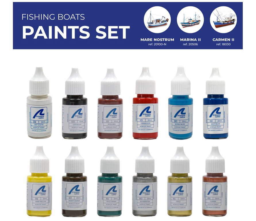 Paints Set for Ship Models: Fishing Boats. Mare Nostrum, Carmen II y Marina II de Artesanía Latina (277PACK3).