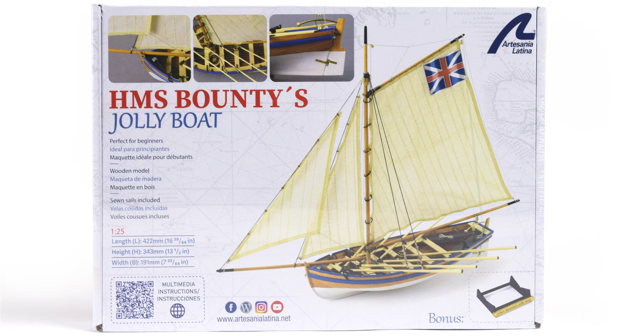 Bounty Jolly Boat Model (19004-N). 1:25 Scale Modeling Ship Kit in Wood by Artesanía Latina.