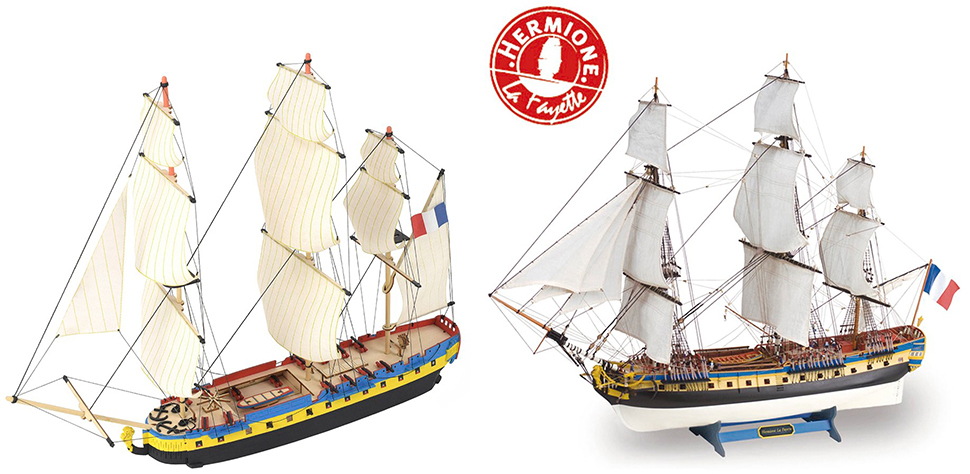 Wooden Ship Models: French Frigate Hermione La Fayette by Artesanía Latina. Beginner (17000) and Advanced (22517-N) levels.