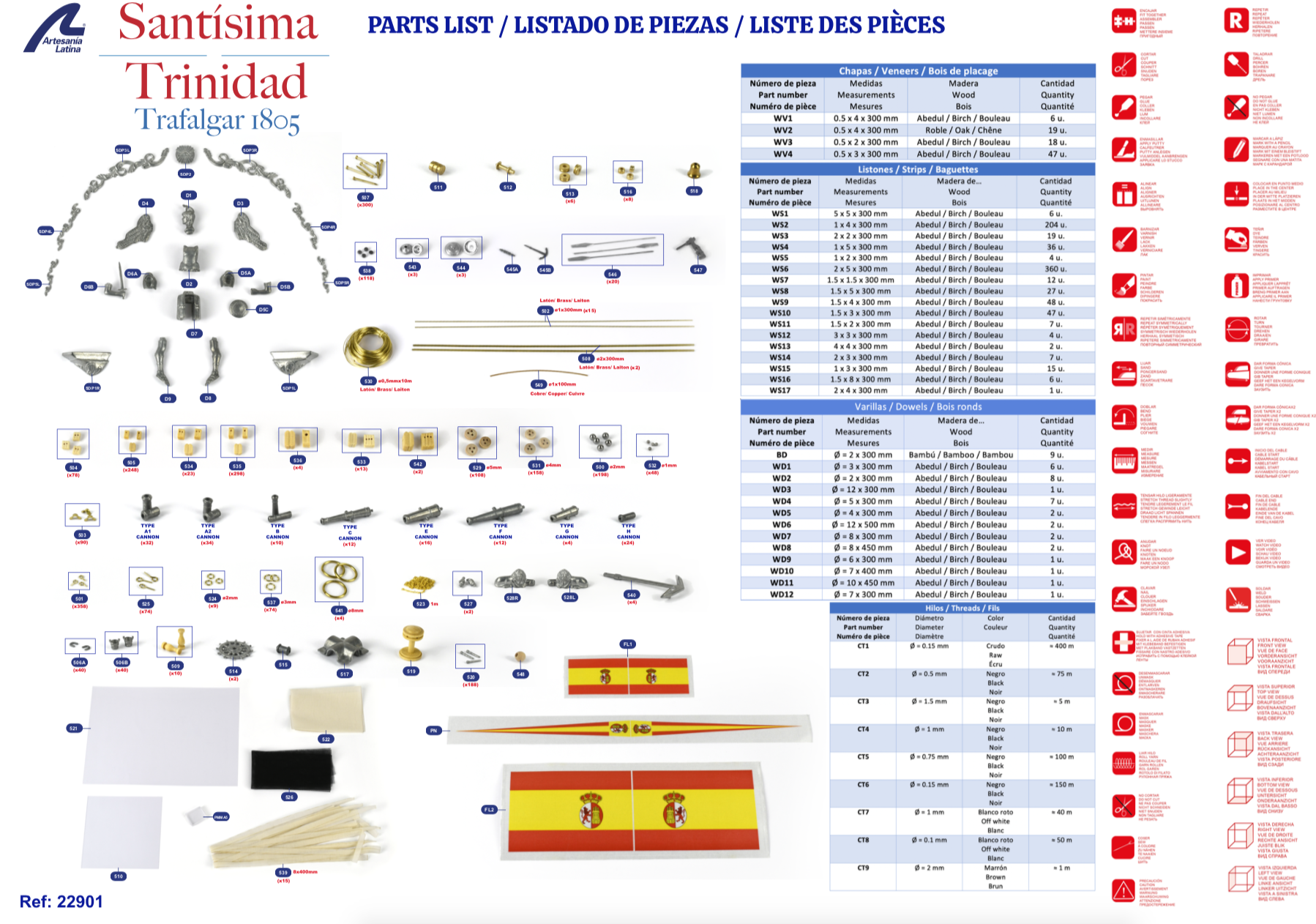 Parts List of Wooden Naval Modeling Kit Spanish Ship of the Line Santisima Trinidad (22901) by Artesanía Latina.