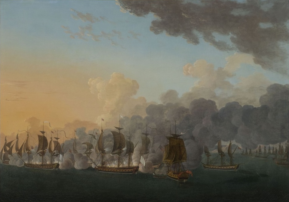 Crónica Fragata Hermione La Fayette: Pintura 'Batalla Naval de Louisbourg' por Auguste-Louis de Rossel de Cercy.