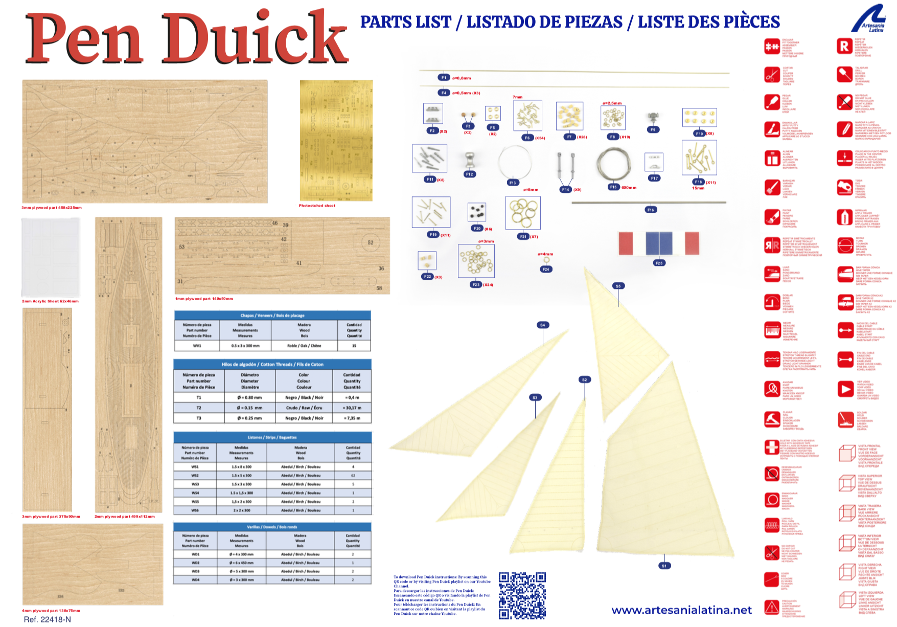 Liste des Pièces Maquette Voilier Pen Duick (22418N) d'Artesanía Latina.