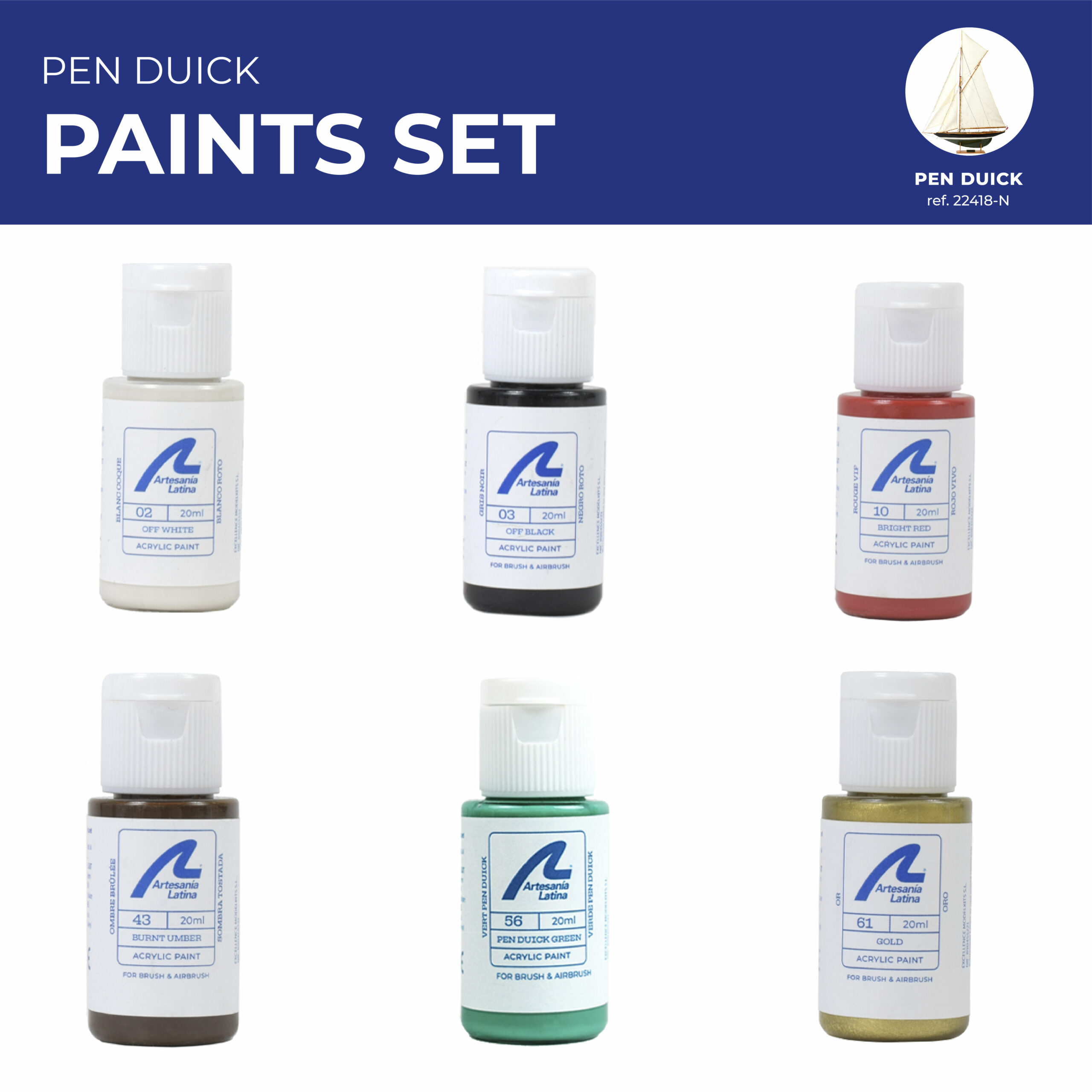 Pen Duick Sailboat Model. Specific Acrylic Paints Set (277PACK32) by Artesanía Latina.