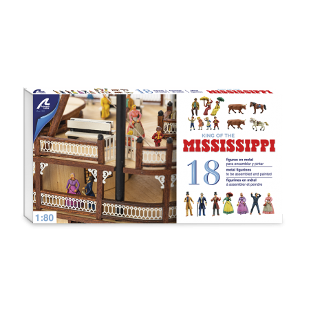 Set di 18 figure di battelli a vapore in metallo del re del Mississippi