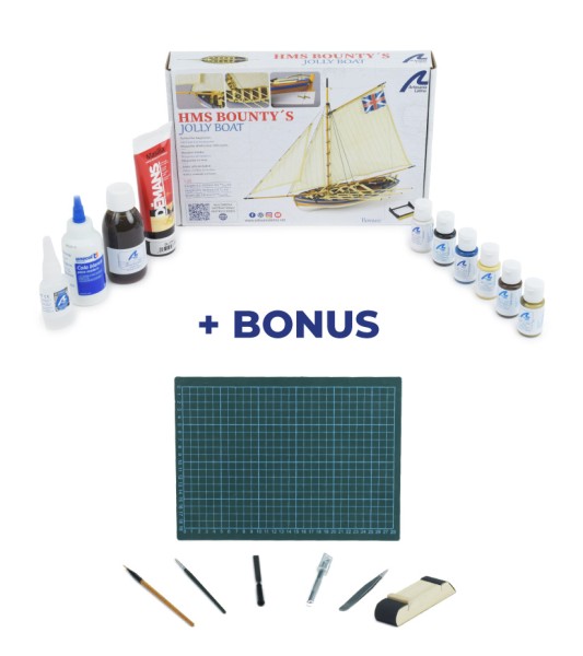 Jolly Boat HMS Bounty. Geschenkpakket met Schaalmodel, Verf en Gereedschap
