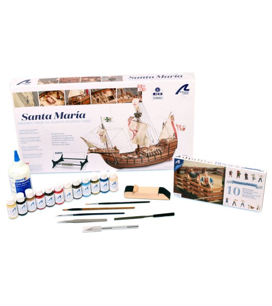 Karavelle Santa Maria. Geschenkpaket mit Schiffsmodell, Figuren, Farben und Werkzeug