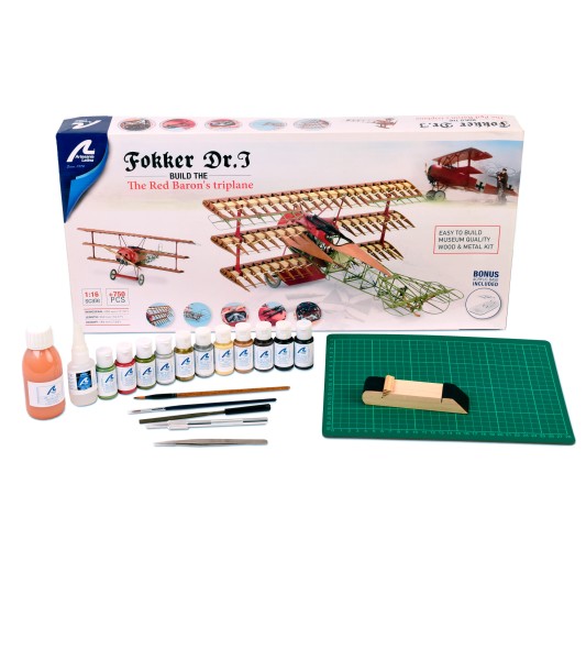 Aereo da Caccia Fokker Dr. I. Pacchetto Regalo con Modello, Vernici e Strumenti