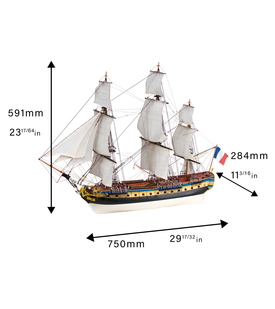 Fregat Hermione La Fayette 1:89. Houten modelschip