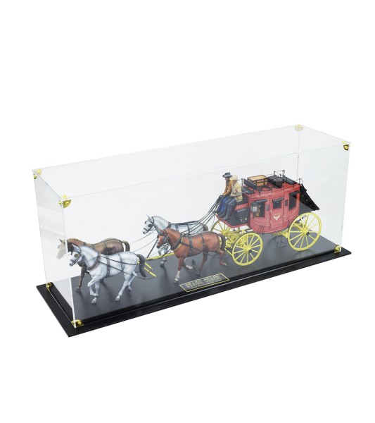 Vetrina con base in legno e targhetta in ottone per STAGECOACH e MISSIPPI
